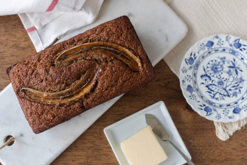 sourdough banana bread on a marble countertop