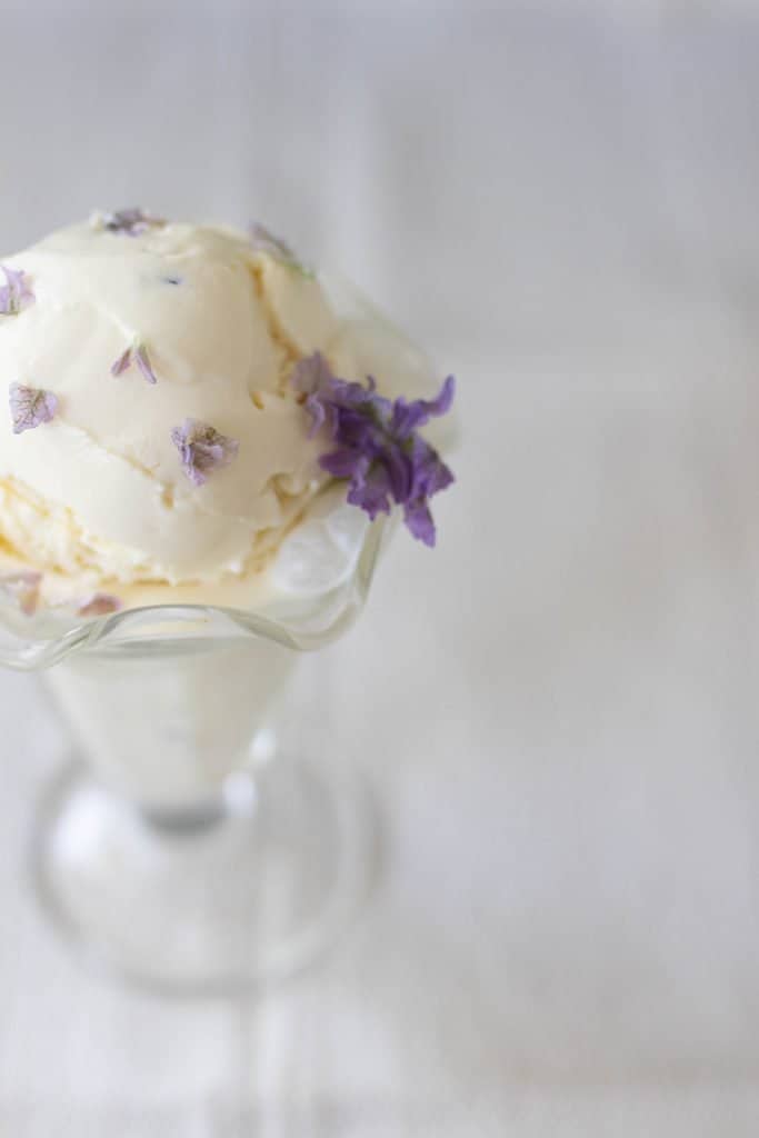 overhead photo of lavender ice cream in a glass Sunday cup