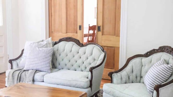 How To Chalk Paint Upholstery- Antique Sofa Makeover - Farmhouse