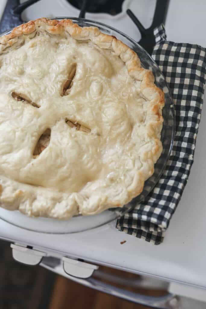 apple pie with a sourdough crust on top of a oven and black and white checked oven pad