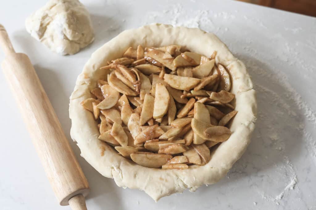 spiced and sweetened sliced apples in a unbaked sourdough pie crust ready for the oven