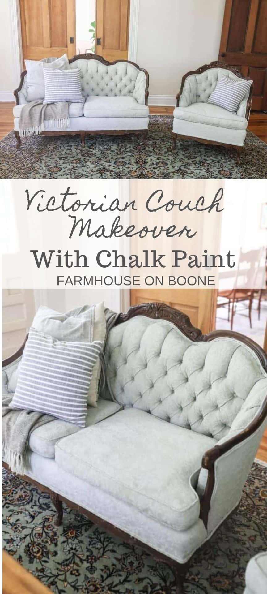 How To Chalk Paint Upholstery- Antique Sofa Makeover - Farmhouse