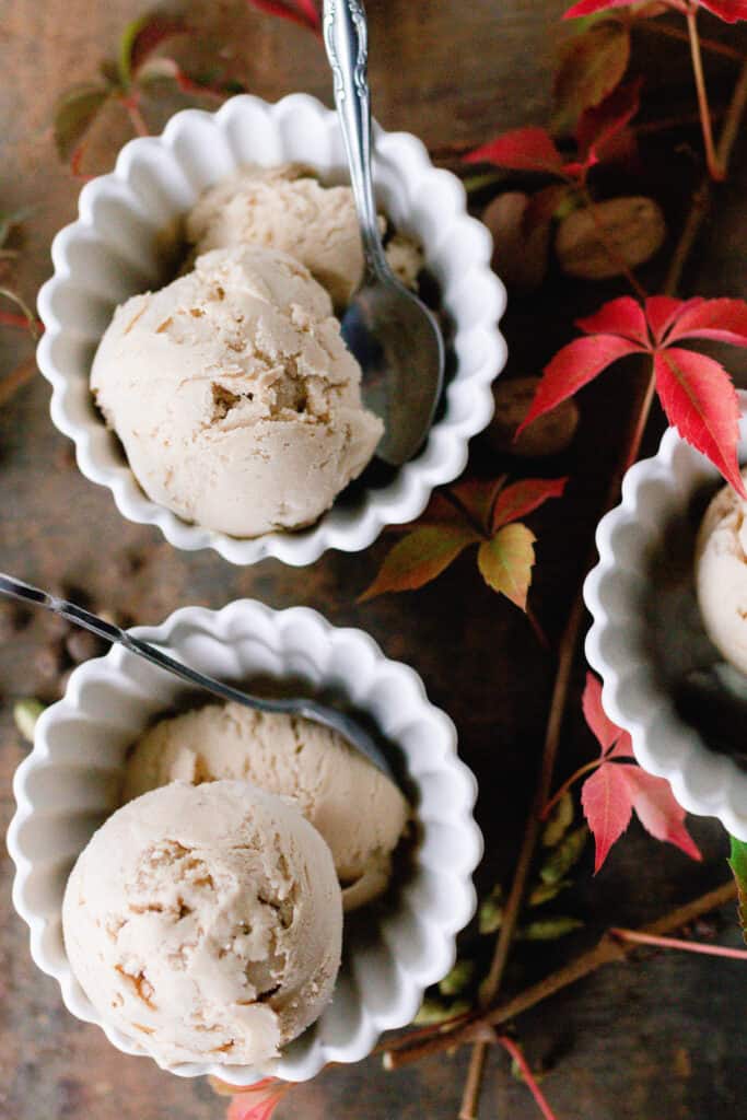 overhead photo of two chai ice cream scoops in bowls with spices and red fall leaves spread around the able