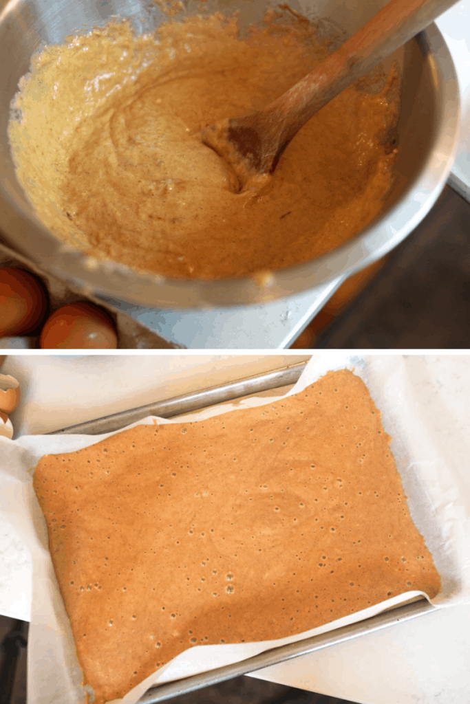 top picture if pumpkin cake batter bottom picture of the cake spread evenly on a parchment lined baking sheet