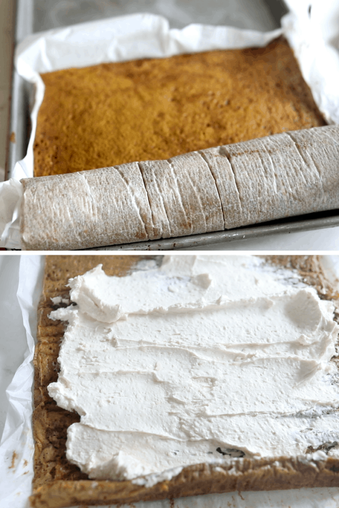 top picture of a unrolled pumpkin cake and the bottom picture is of the cream cheese filling spread across the cake to roll