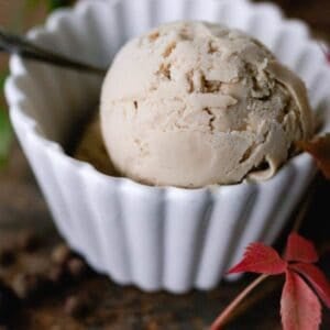 One white bowl with one scoop of chai ice cream with a spoon.