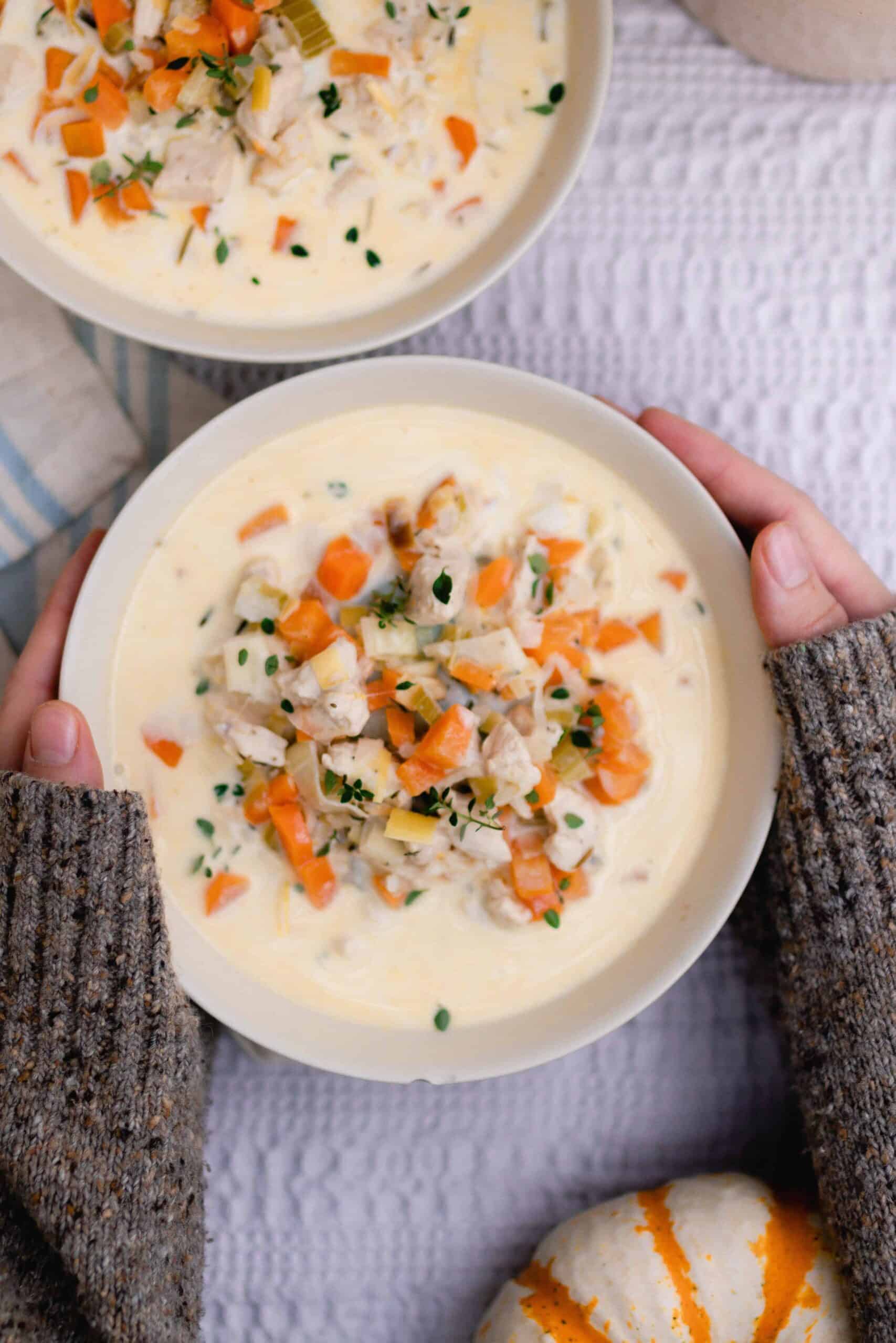 hands holding a bowl of creamy chicken and wild rice soup
