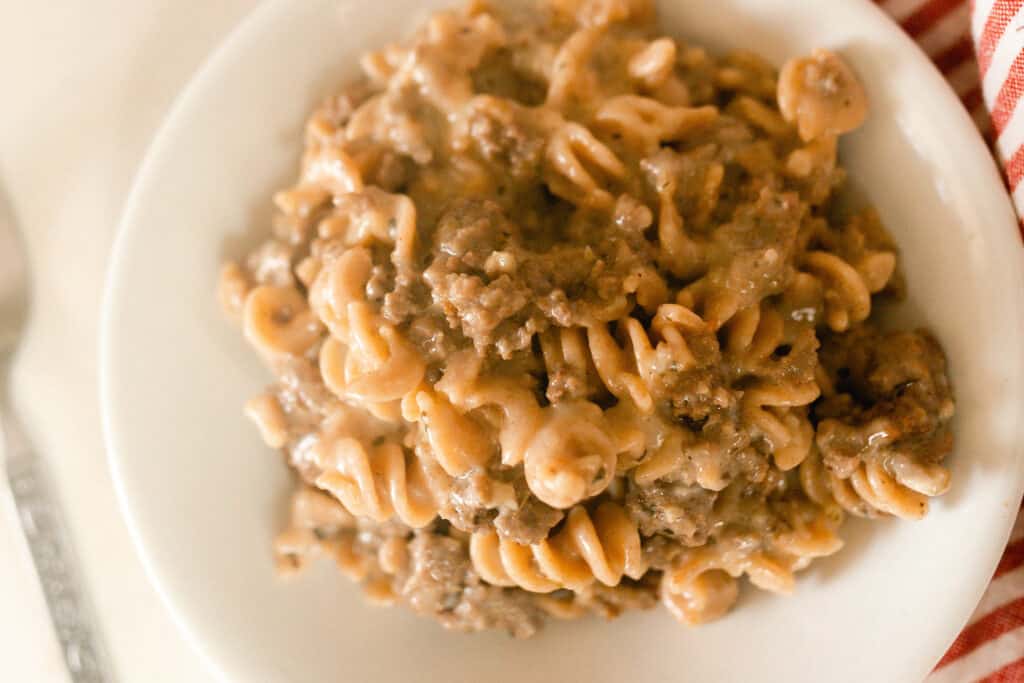 healthy hamburger helper in a white bowl 