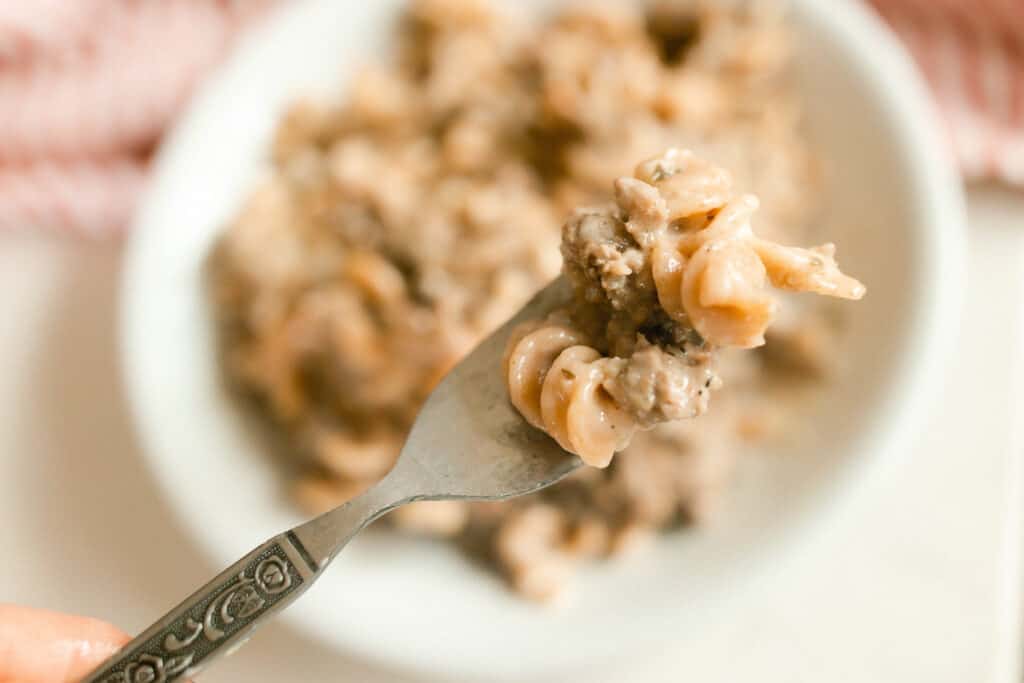 a forkful of hamburger helper with the bowl in the background