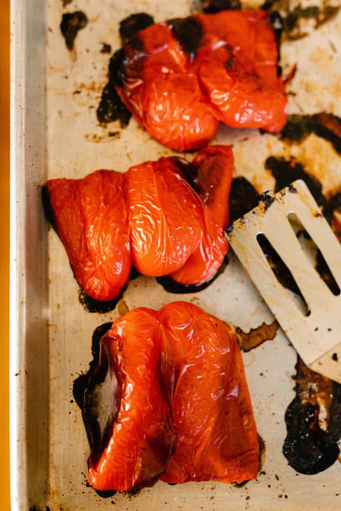 roasted red peppers on a pan