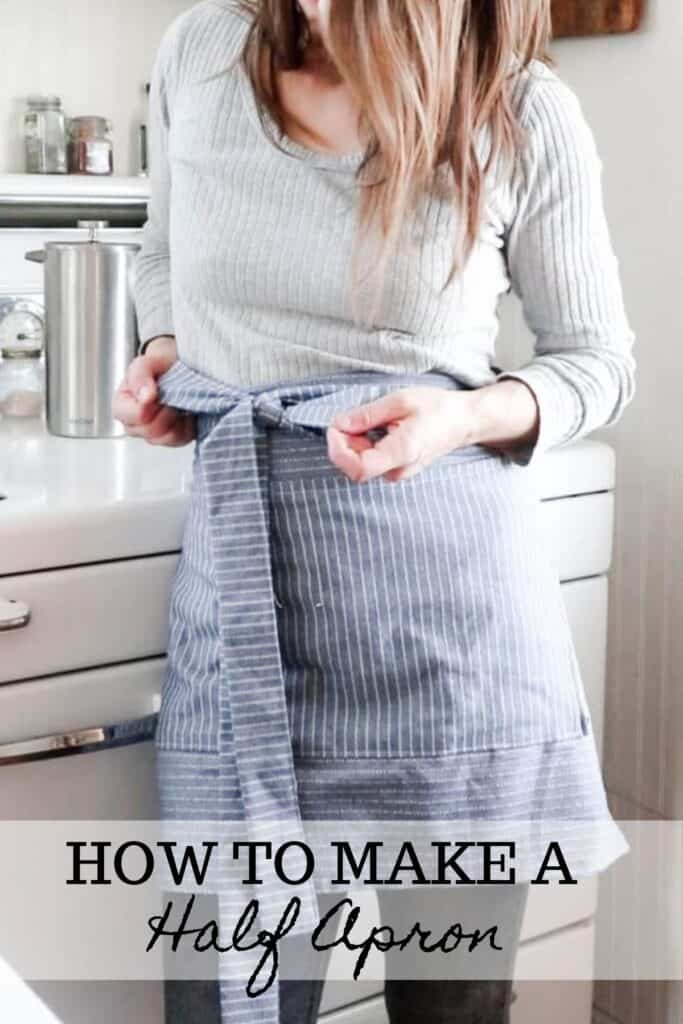 women tying a blue and white stripped DIY half apron at the waist