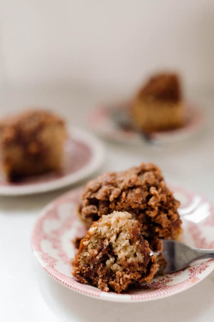 squares of sourdough coffee cake on red and white vintage plates