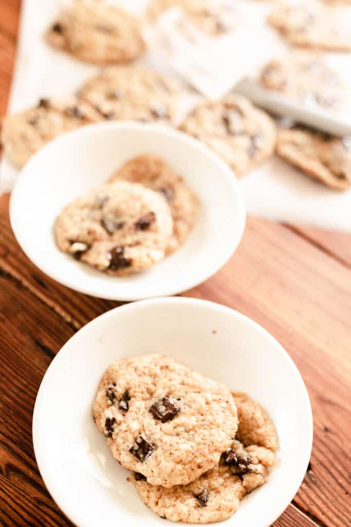 two bowls of sourdough cookies on a table