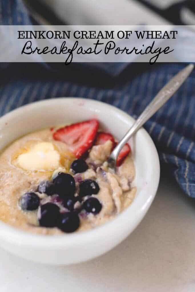 einkorn breakfast porridge in a white bowl topped with fruit