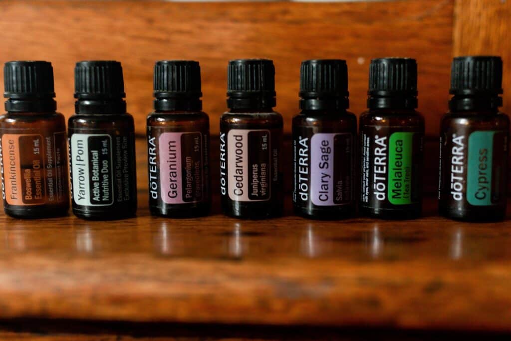 doterra essential oils on a wood cabinet