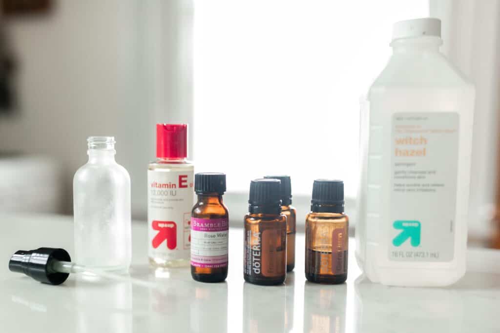 DIY face toner ingredients on a white countertop