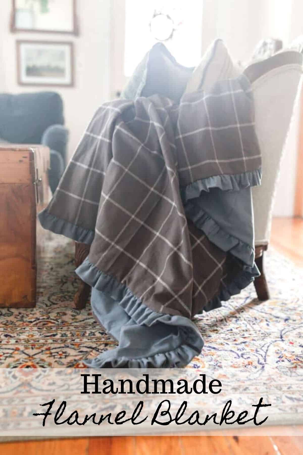 DIy flannel blanket with ruffles draped over a antique couch