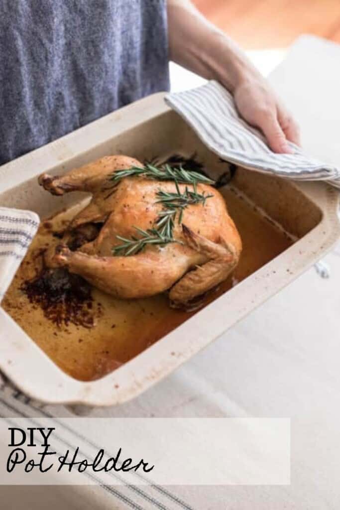 women using DIY pot holders to hold a bakeware with a roasted chicken