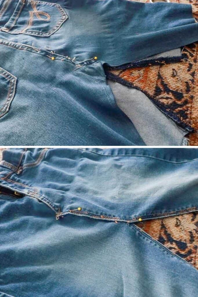 jeans pinned together to make a skirt