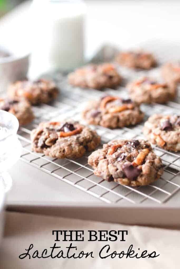 the best lactation cookies with chocolate chunks and pretzels on a cooking rack