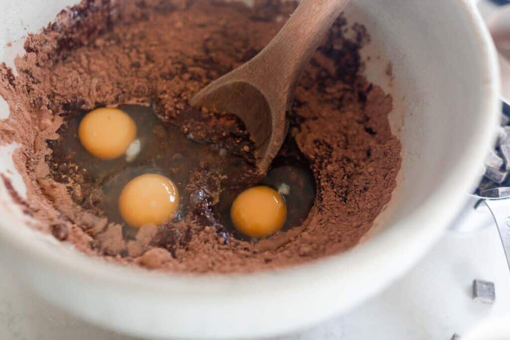 Eggs added into wet ingredients for einkorn brownies