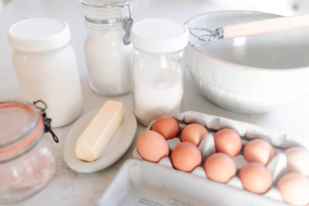 einkorn German pancake ingredients: eggs, milk, butter, flour, salt, and sugar