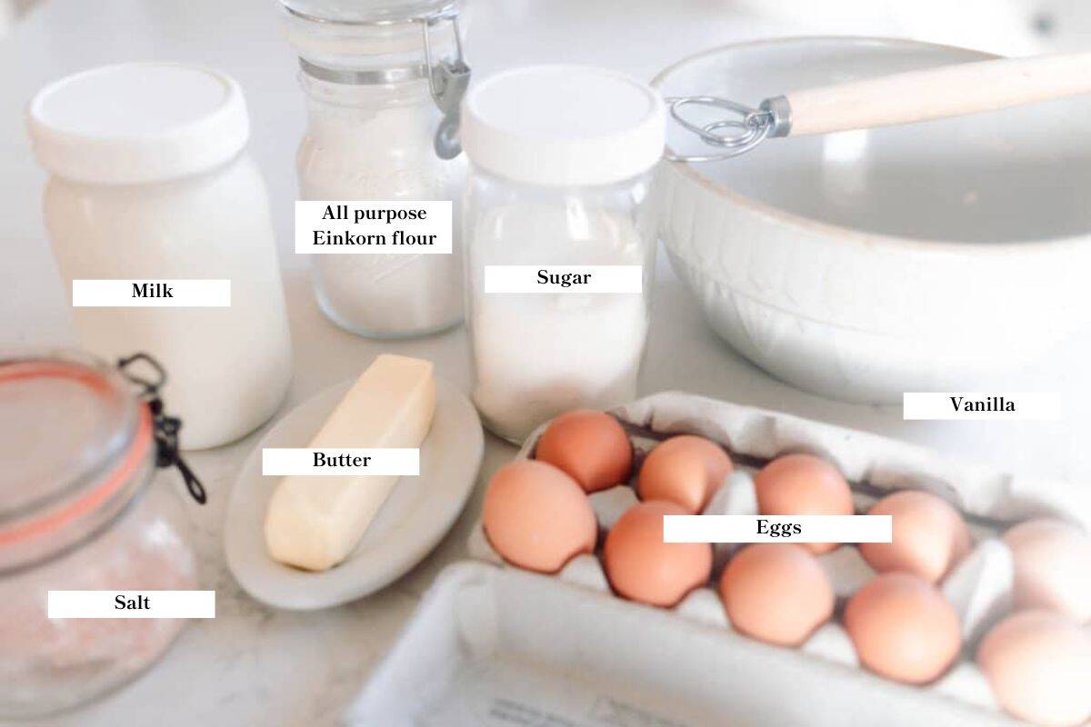 Ingredients for einkorn puff pancake on a countertop.