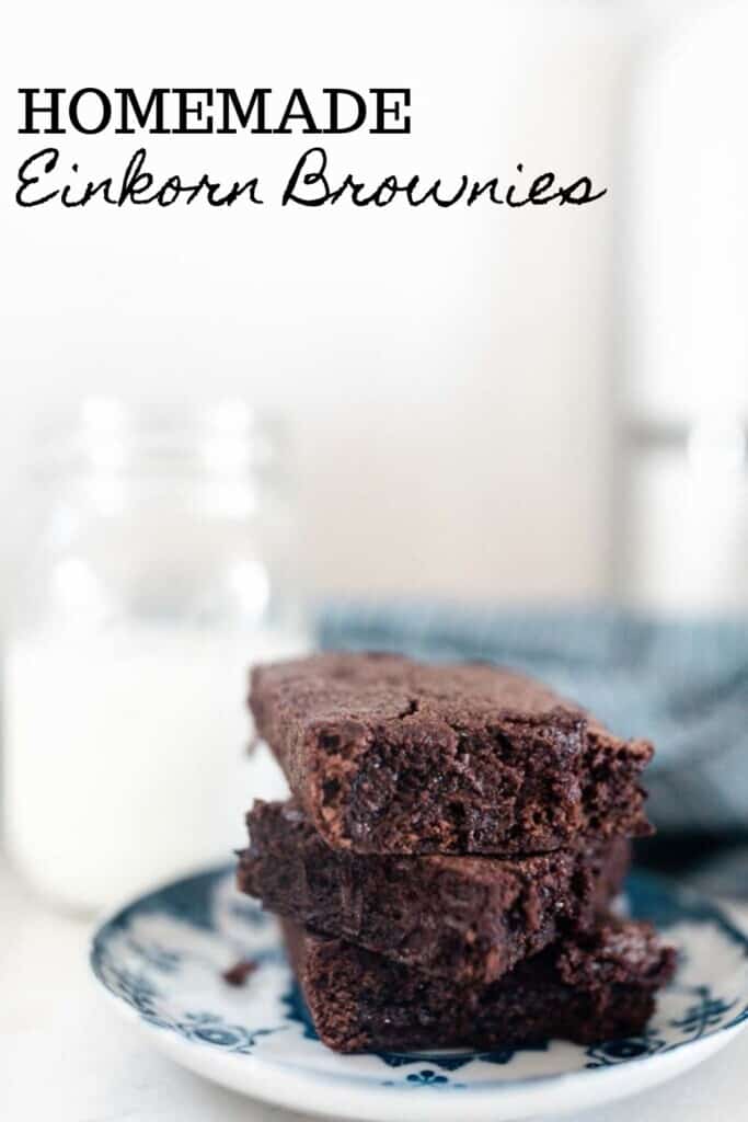 3 einkorn brownies stacked up on a blue and white plate with a glass of milk in the background