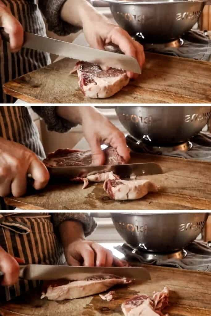 three pictures of a women cutting off beef fat from steaks on a wood cutting board