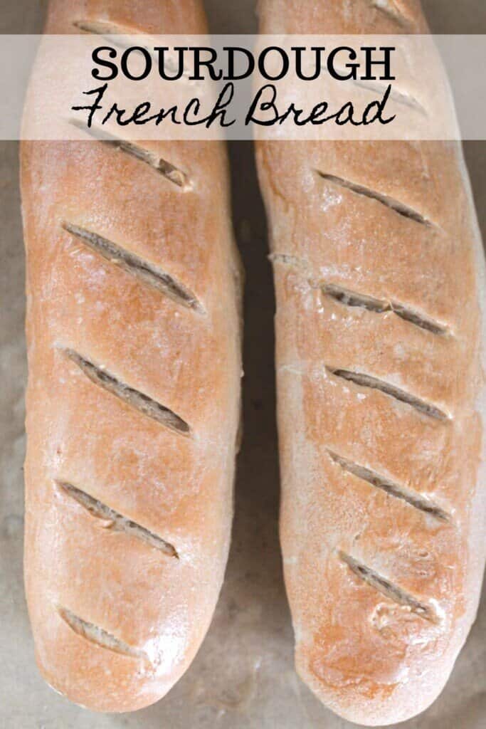 overhead photo of two baked sourdough French breads on parchment paper.