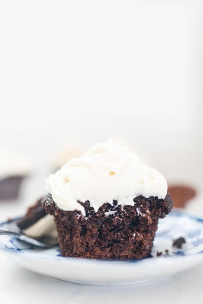 sourdough chocolate cupcake with cream cheese buttercream frosting on a white and blue antique plate
