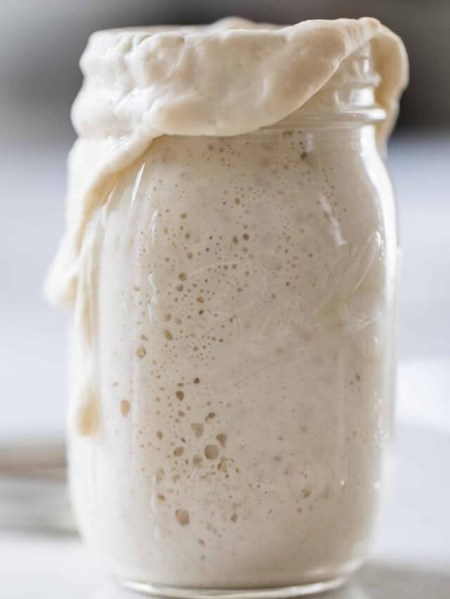 bubbly overflowing sourdough starter a white countertop