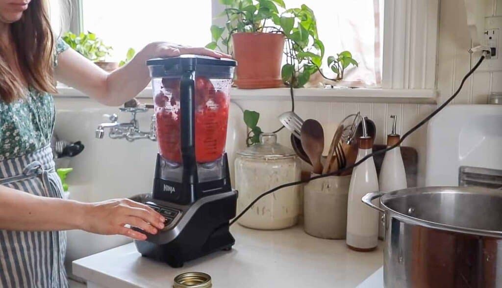 women wearing a green dress and a stripped apron blending strawberries in a blender on a kitchen countertop