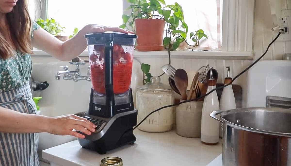 women wearing a green dress and a stripped apron blending strawberries in a blender on a kitchen countertop