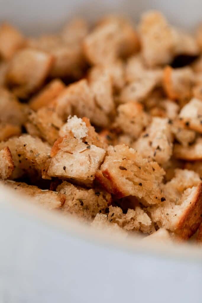 close up of homemade sourdough croutons