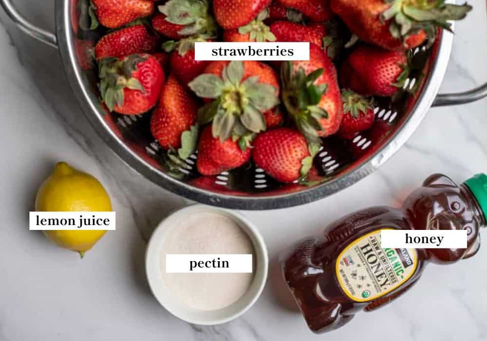 Ingredients labeled on a counter top.