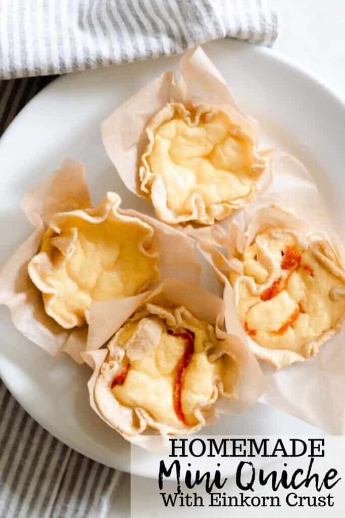 overhead photo of four mini quiches: two just plain with cheese, and two with roasted red pepper and onion) on a white plate