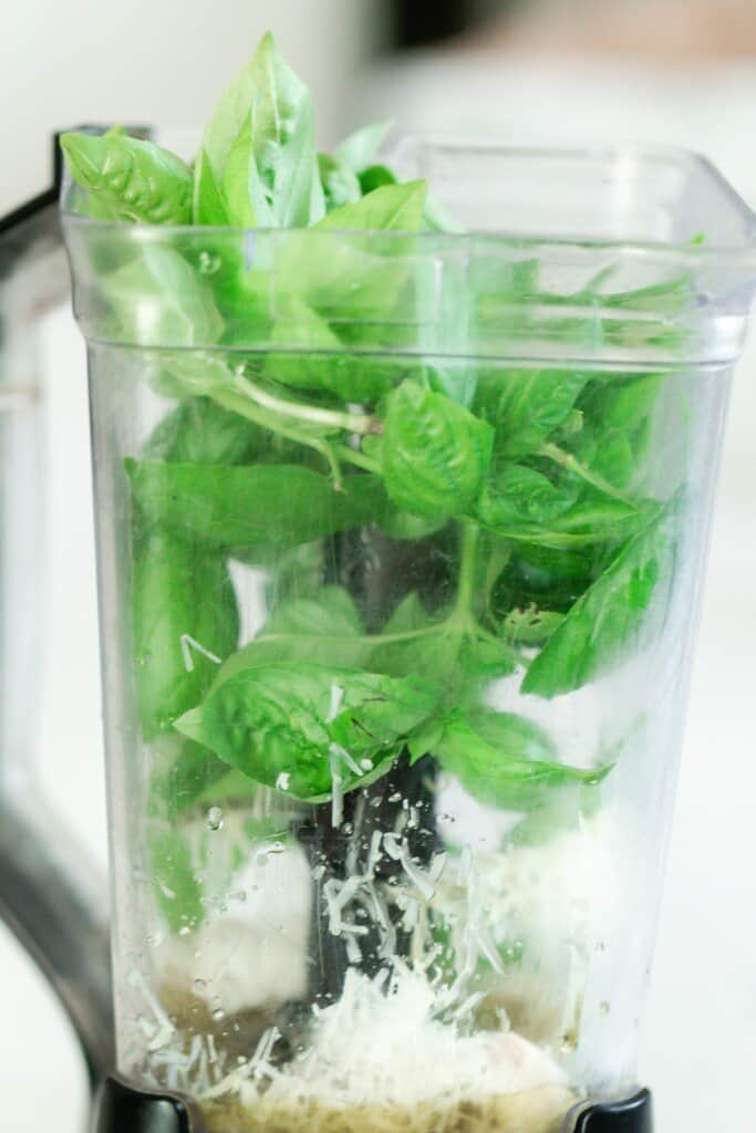 basil, parmesan, garlic, pine nuts, in a blender