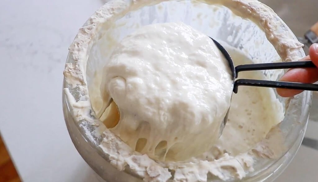 active sourdough starter being scooped out with a measuring cup