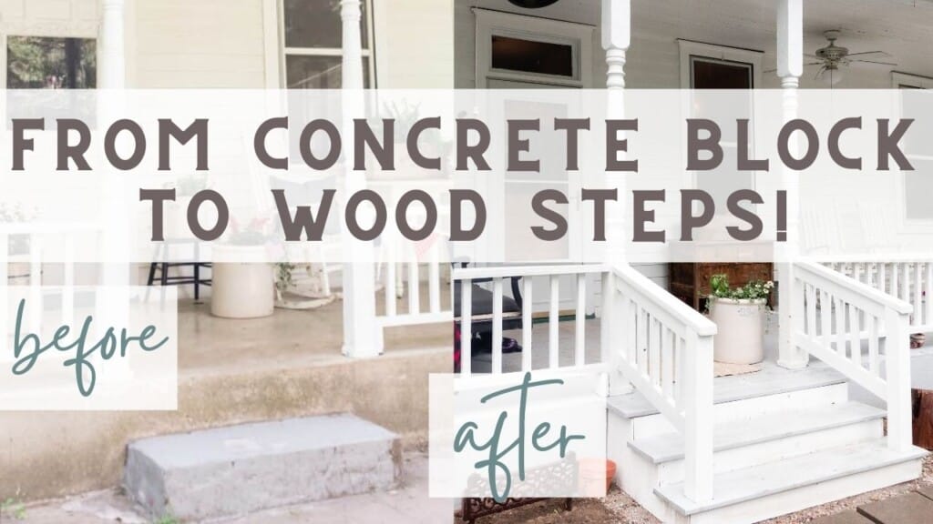 before and after picture of a victorian front porch makeover with wooden stops and railings added.