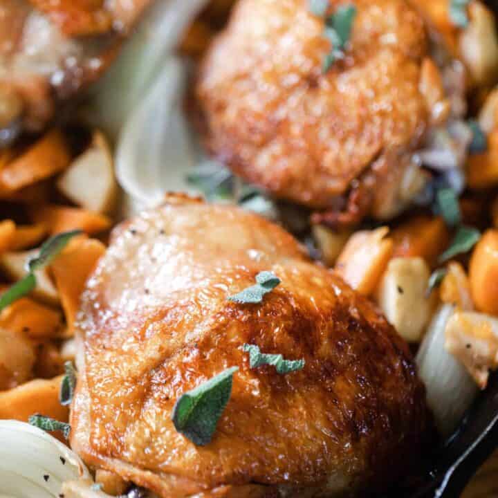 crispy maple roasted chicken with sweet potatoes and apples