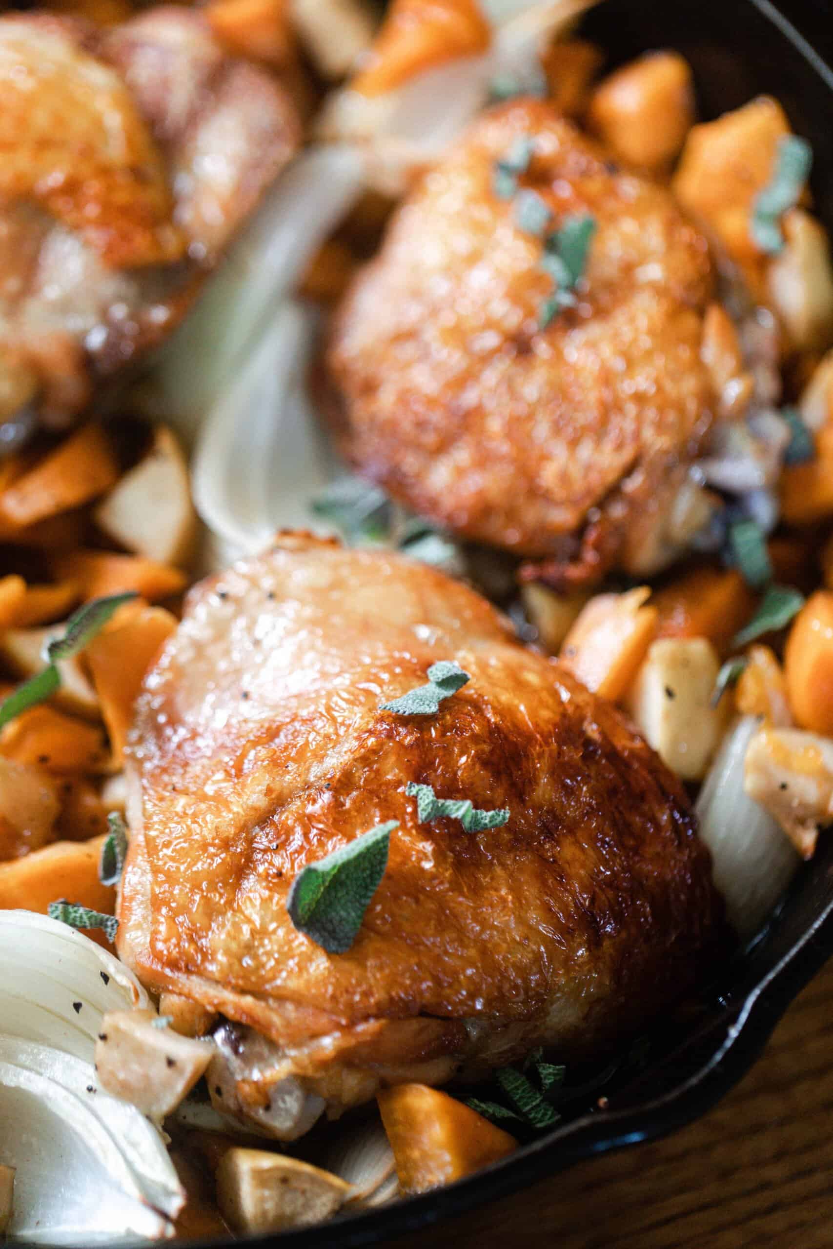 crispy maple roasted chicken with sweet potatoes and apples