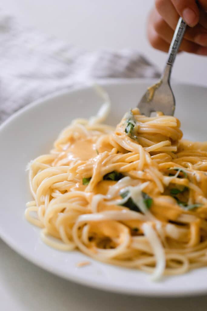 fork twirling pumpkin pasta on a white plate