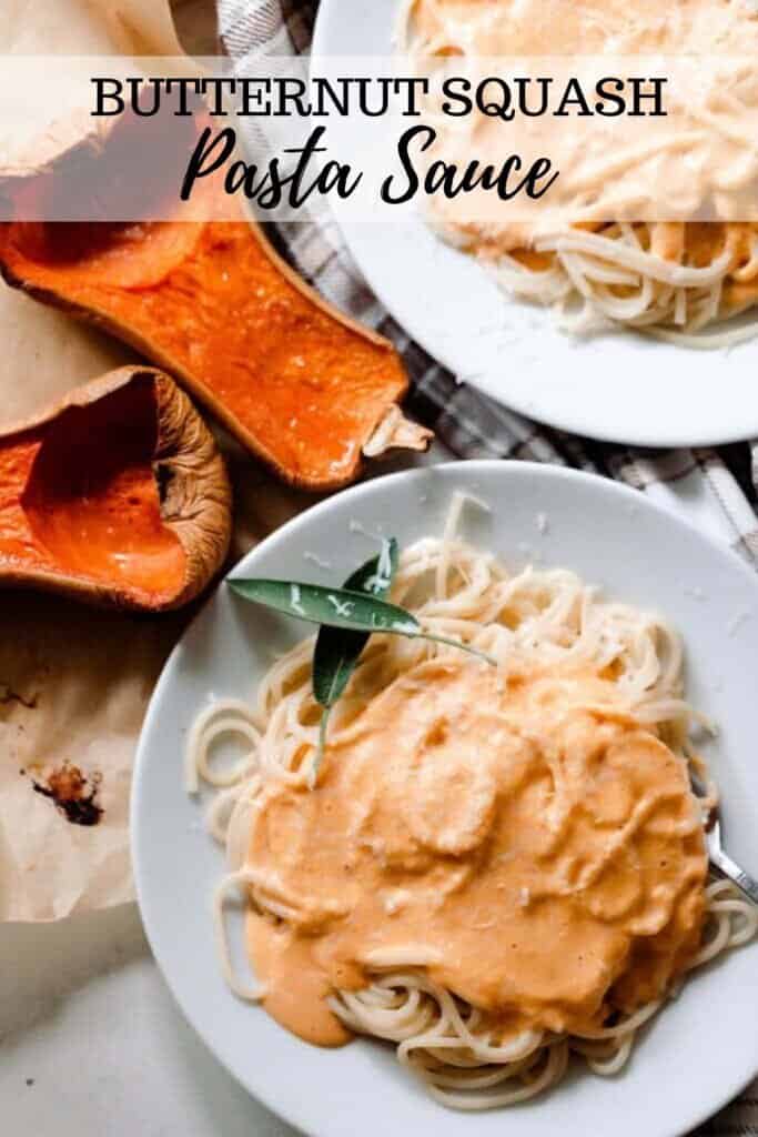 two plates our pumpkin squash pasta sauce over spaghetti with two halves of butternut squash to the side