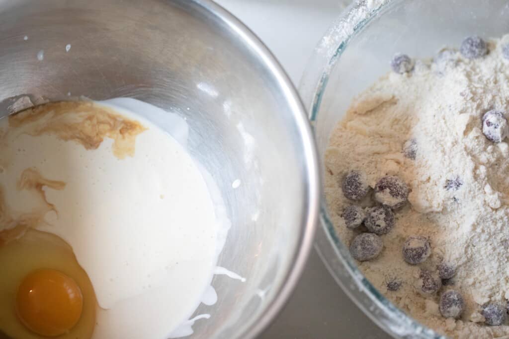 wet ingredients in one bowl and dry in the other to make sourdough scones