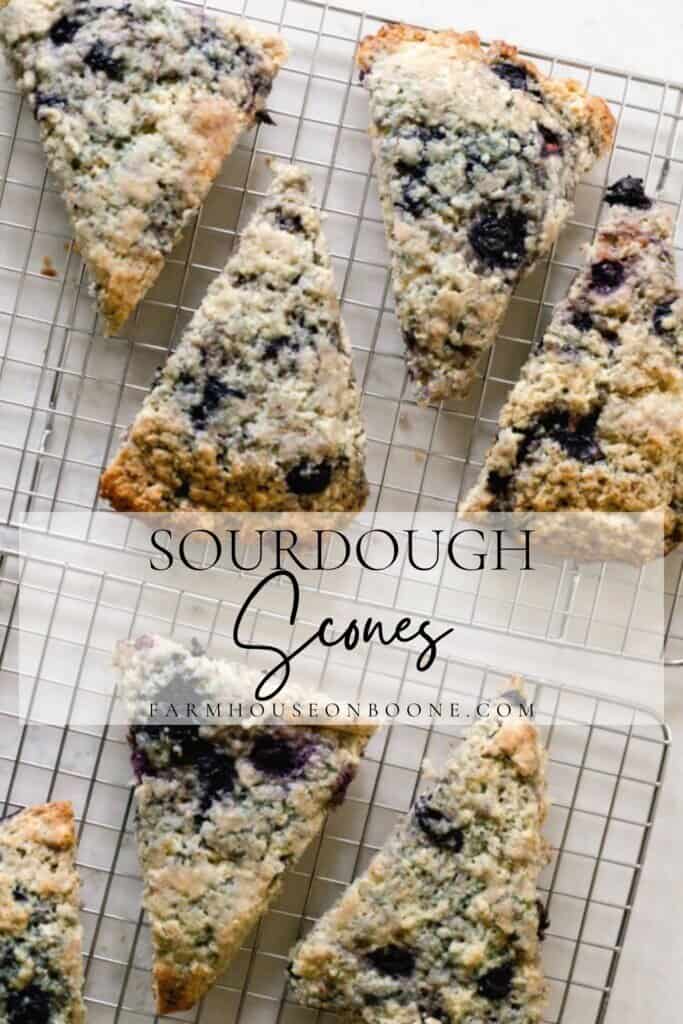 overhead image of blueberry sourdough scones on a wire rack right after baking