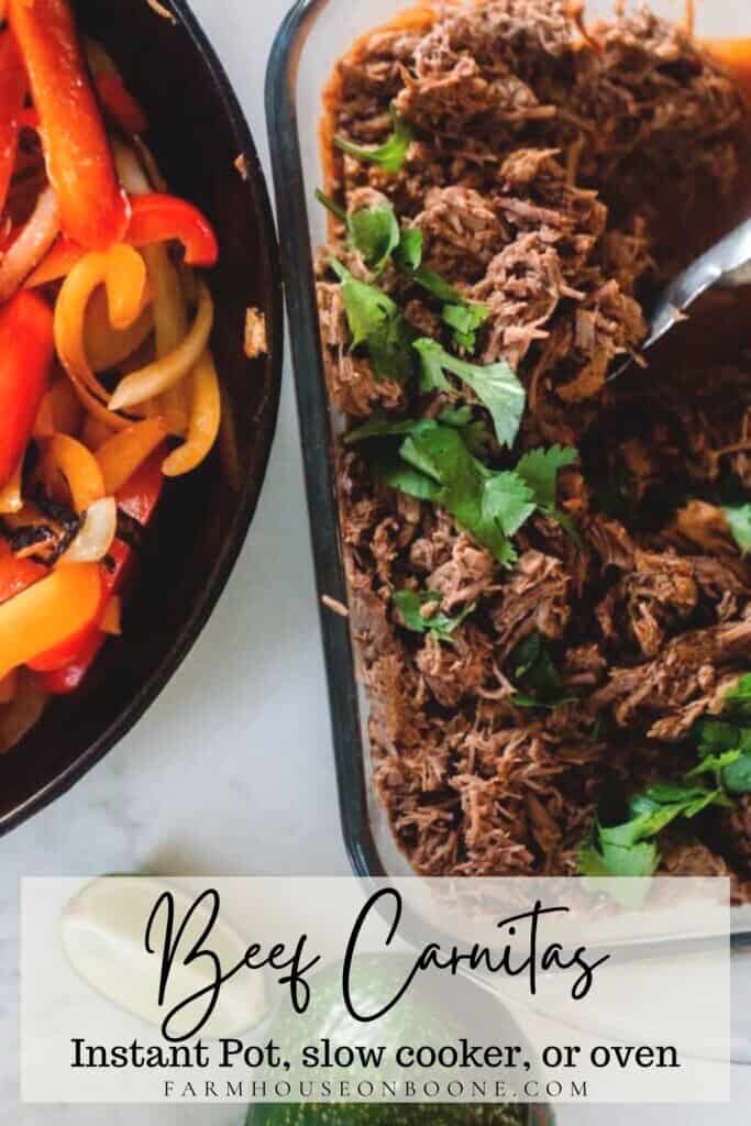 a glass dish of beef carnitas topped with cilantro. A cast iron skillet with peppers and onions are to the left and lime wedges are in front