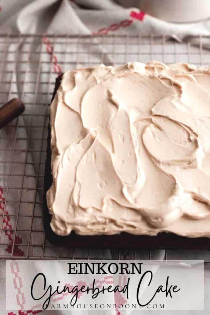 overhead photo of a einkorn gingerbread cake topped with mocha frosting on a wire baking rack on top of a red and white towel