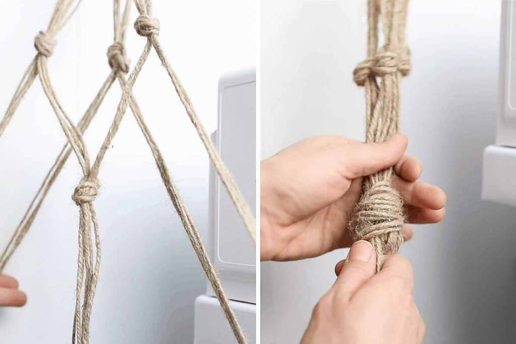 macrame plant hanger made with jute being tied together to create a net. Picture of the right is a hand tying a large knot at the very bottom of the hanger to finish it off