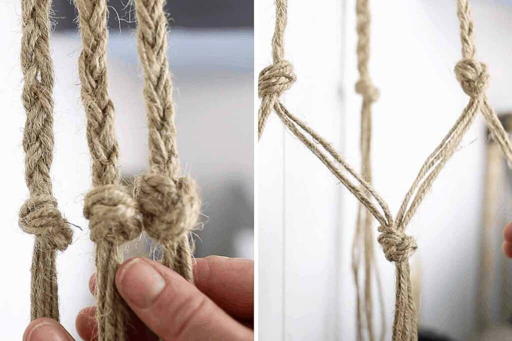 hand holding three bread with knots on the left. Picture to the right is strands of jute separated and tied in knots underneath knots above to make a plant hanger